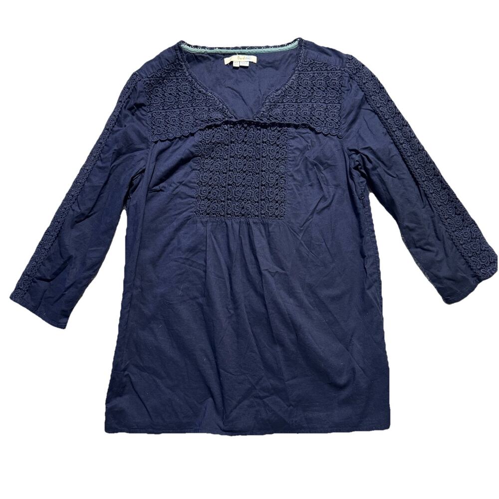 Boden Womens Navy v-neck Rose Overlay Blouse Sz 6 100% Cotton Boho